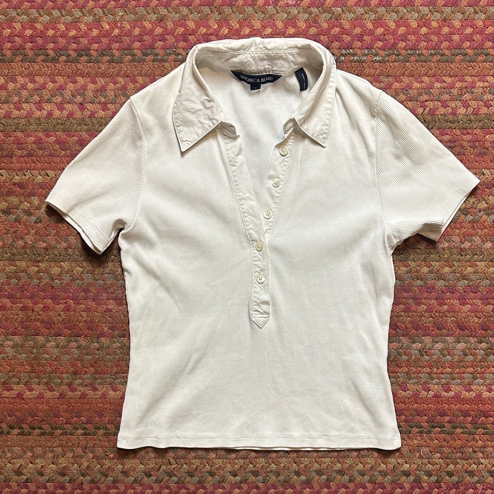 Veronica Beard White Ribbed Half Button Polo Shirt - image 1